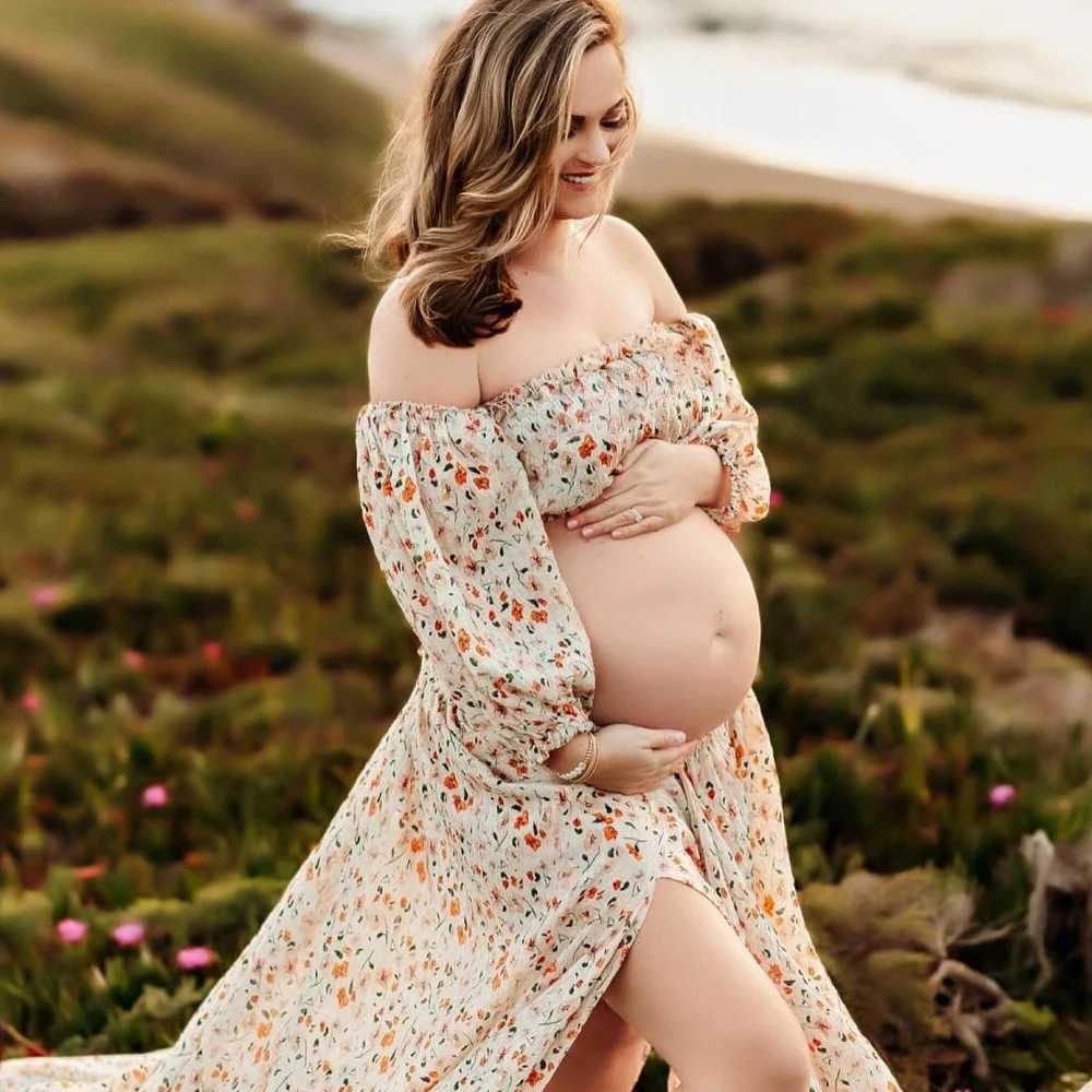Photoshoot womens floral chiffon two-piece long sleeved and short sleeved baby shower top of the line maternity dress X250224