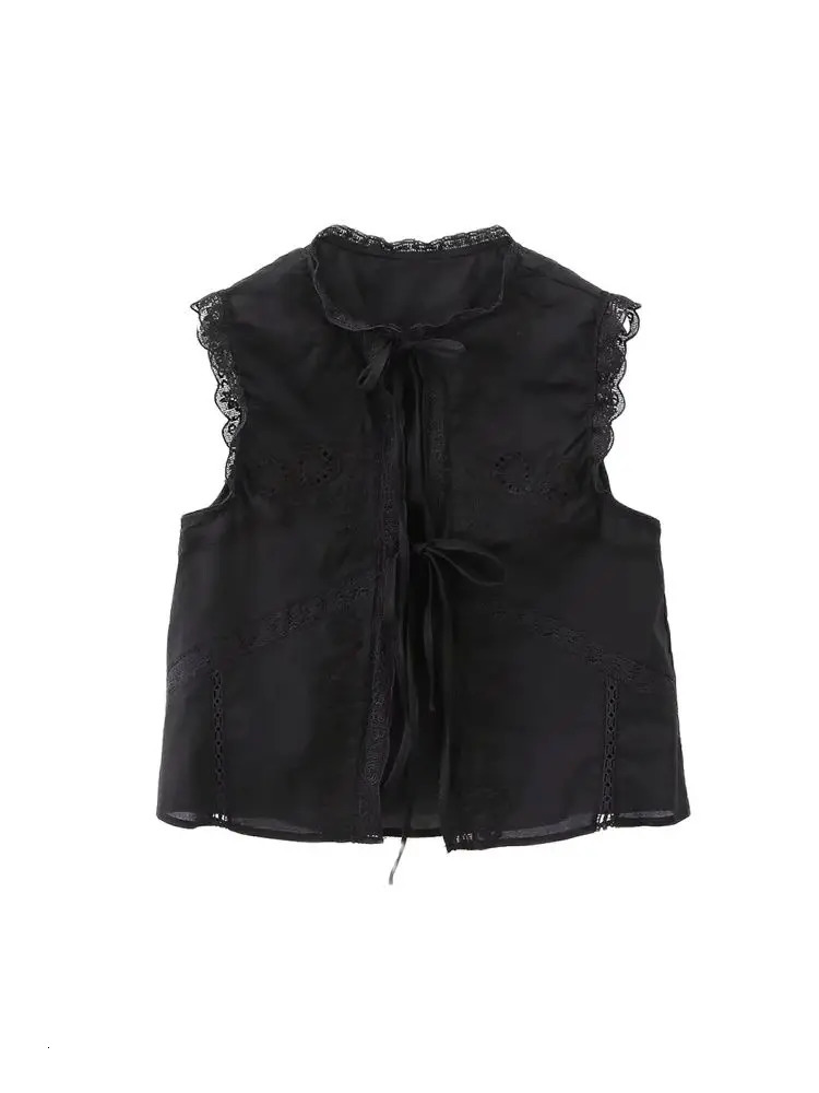 TRZAWomens Lace y Blouses O Neck Sleeveless Front Tied Female Shirts Chic Tops Fashion 250311