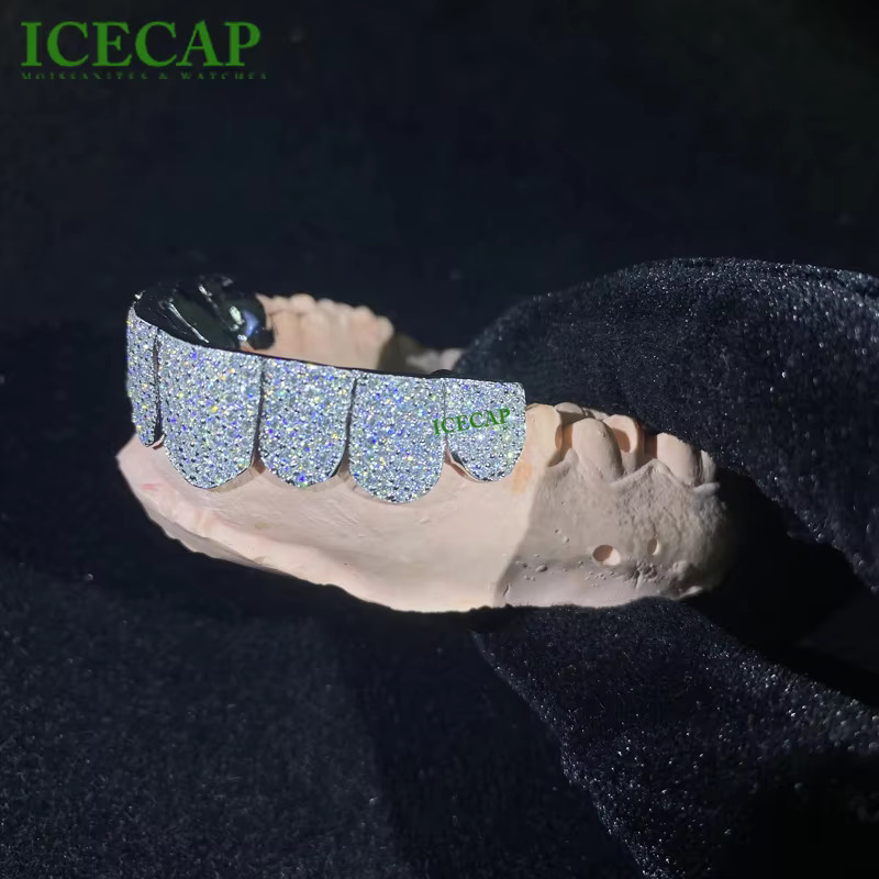 Custom HIphop Honeycomb Setting Grillz VVS Moissanite Perm Cut Diamond Grillz Iced Out Bling Sterling Silver Teeth Grillz
