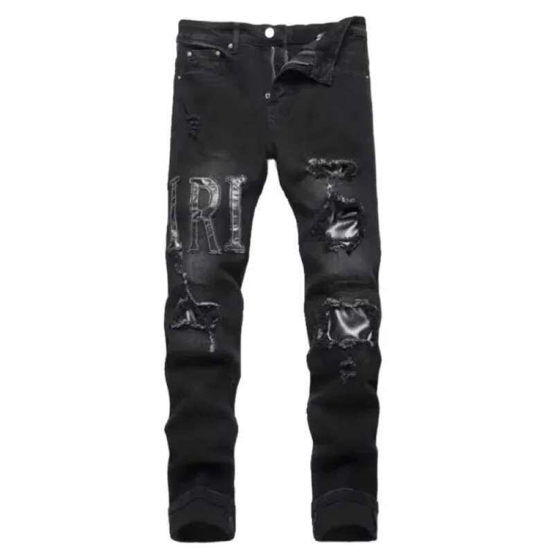 2025 Korean Embroidered Jeans With Pure Black Letter Pattern Fashion Designer Men s High Waist Slim Fit Elastic Denim Pants Tight Casual Pants