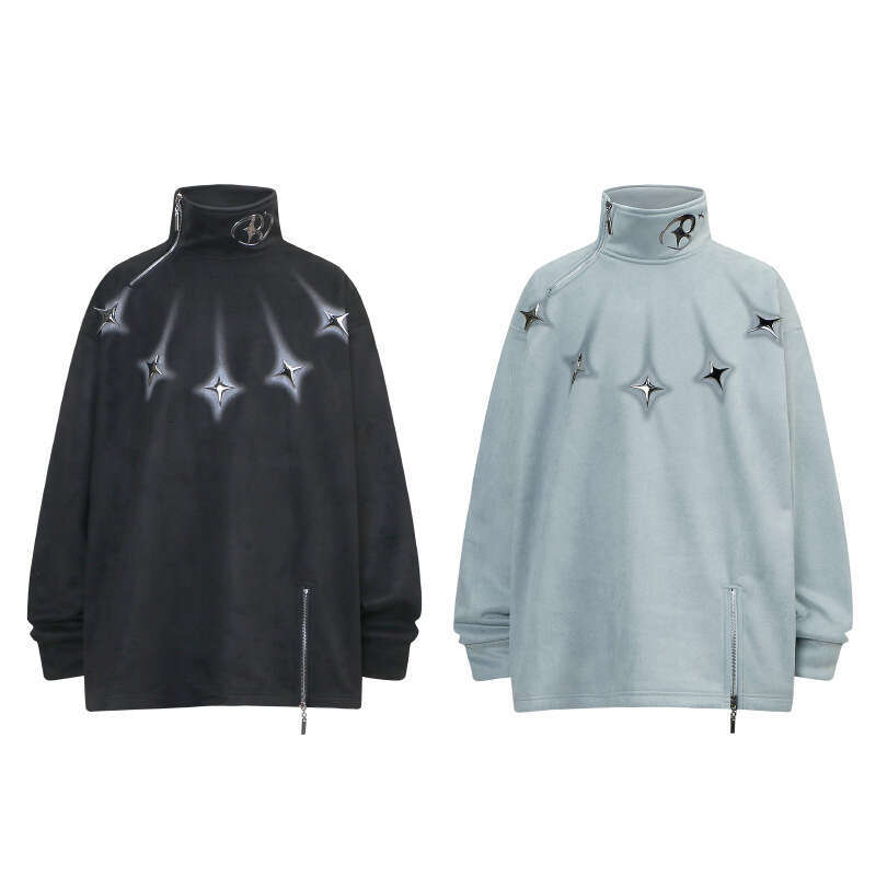 American Style Brand Design With Zipper Decoration, High Neck Hoodie For Men, Hip-Hop, Loose Fitting Trendy Brand, Explosive Street Suede Top