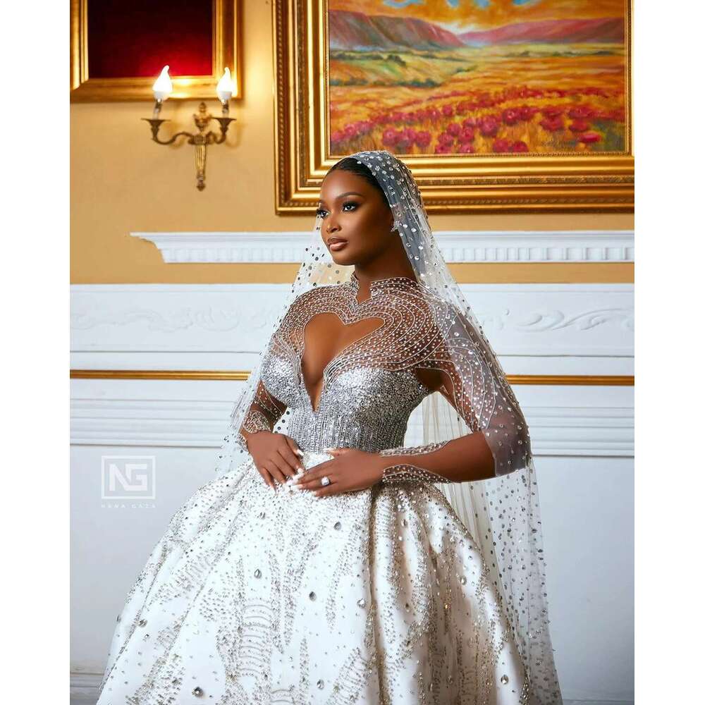 Exquisite Beaded Dresses, High Collar, Long Sleeve, Crystal Rhinestone, Wedding Dress, African, Arabic, Custom, Plus Size