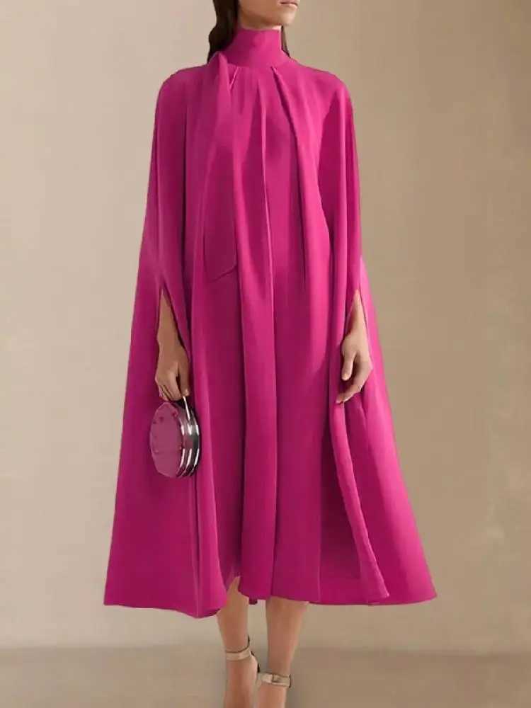 Missuoo Solid Color Elegant Evening Party Dresses for Women 2024 Spring New High Neck Batwing Sleeves Pleated Caped DressT250311
