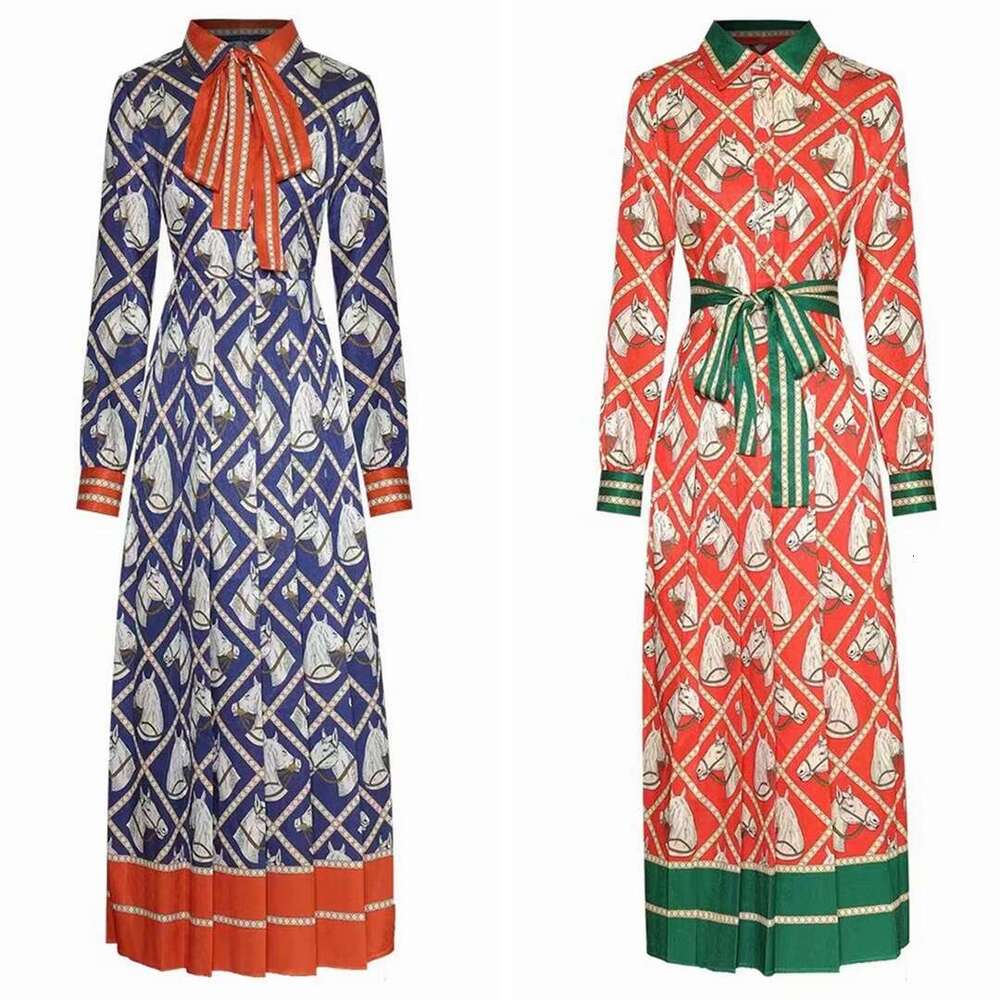 New Horse Head Printed Long Skirt With Elegant Temperament, Contrasting Butterfly Collar Dress For Women