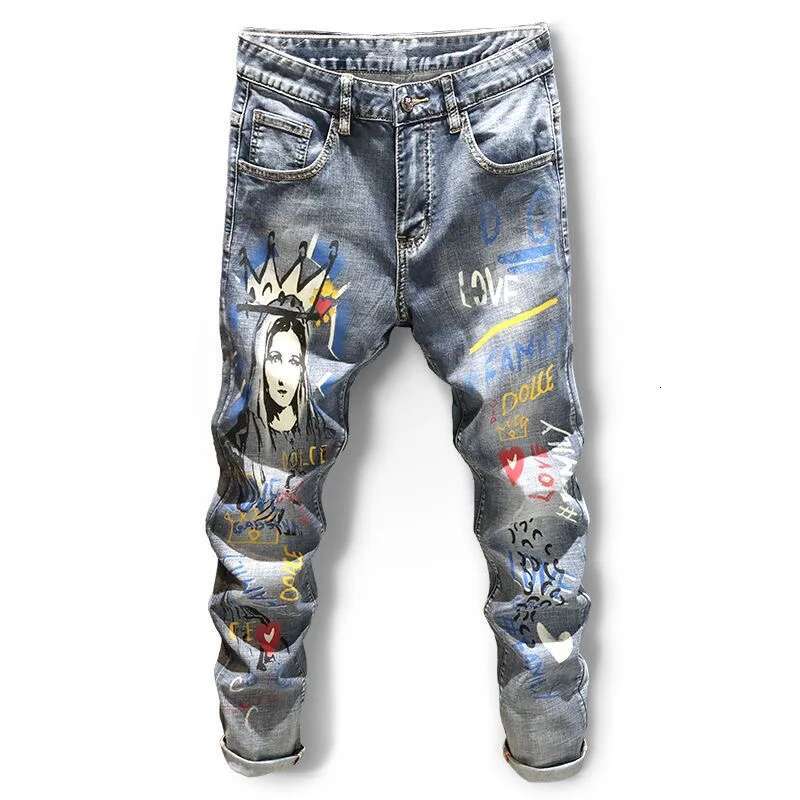 2025 summer New Classic Fashion Designer One Piece Printed Blue Small Leg Pants Men s Casual Pants Slim Fit Comfortable Elastic Jeans Outdoor Casual S