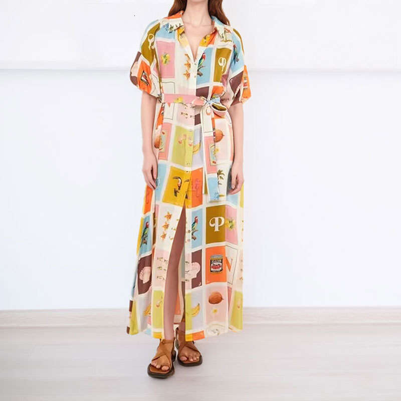 2025 Spring New Women's Printed Collar Split Tie Dress For Women KLMY