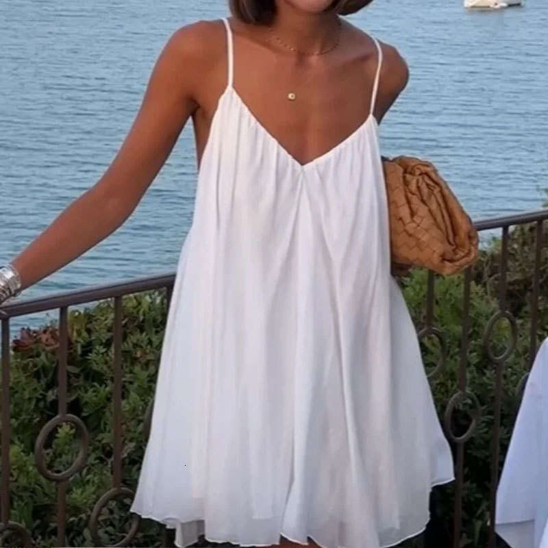 2025 Women's French Style Solid Color V-Neck Backless Loose Suspender Short Spring Dress 661 KLMY