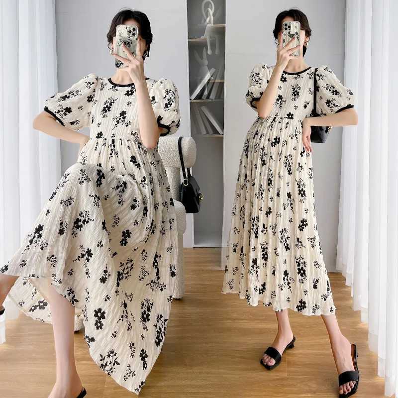 Maternity Dresses New 2022 Summer Temperament Pleated Casual Dress Korean Loose Floral Short-sleeved Fashion Pregnancy SkirtT250311