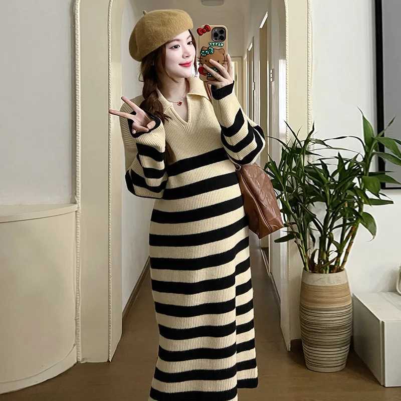 Casual Maternity Stripe Knit Dresses 2023 New Clothes for Pregnant Women Thick Fashion Lapel Long Sweater Winter Pregnancy DressT250311