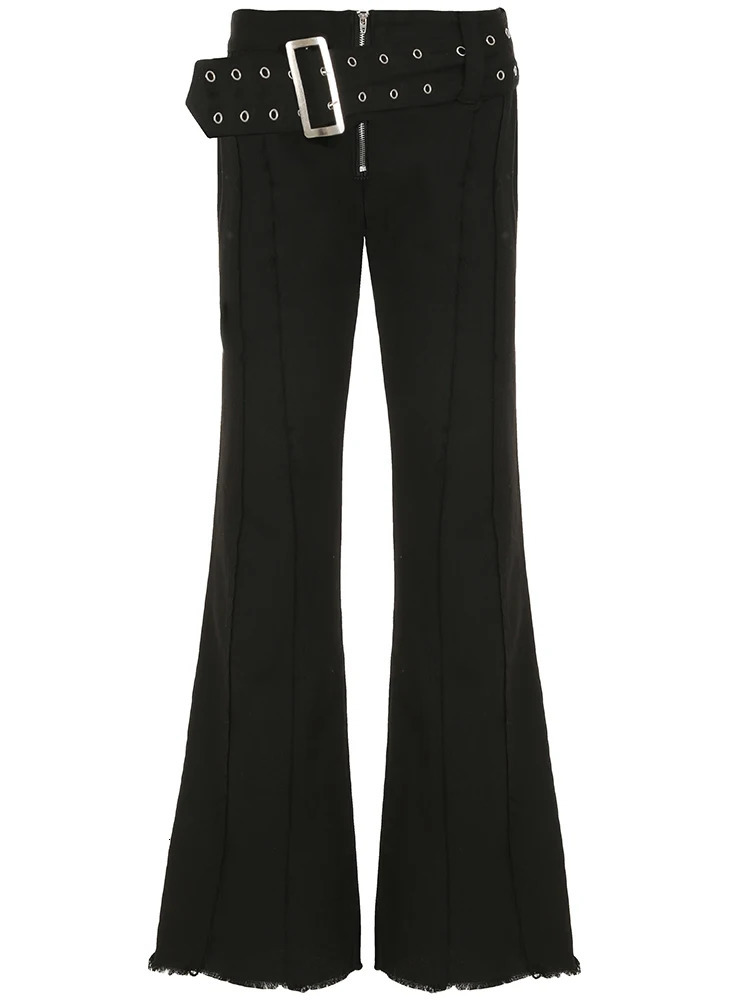 Cuteandpsycho n wide waistband fulllength pants low waisted metal buckle Y2K glitter jeans streetwear pockets cotton sole 250311