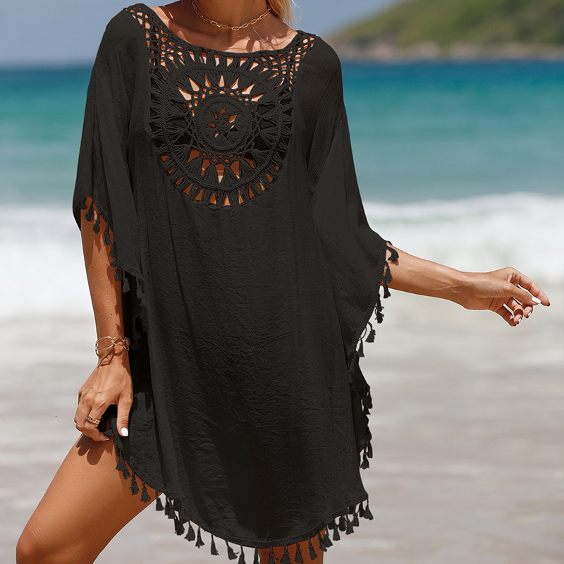 Vacation Hand Hook Solid Color Patchwork Skirt With Small Tassel Sun Protection Short Sexy Beach Cover Up