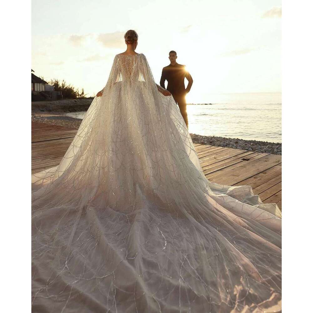 Beaded Wedding Dresses with Detachable Train, Long Sleeves, Lace Crystal Dress, Custom Made, Stunning and Bridal