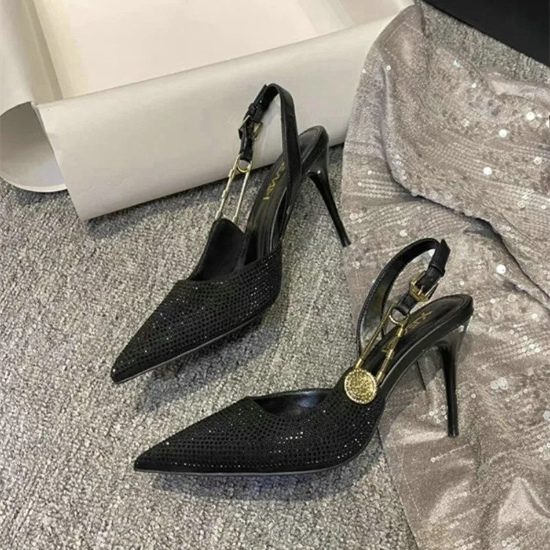 Bling Diamond High Heels Women Spring Pumps Pointy Head After Empty Sexy Metal Girl Temperament Baotou French Sandals 250310