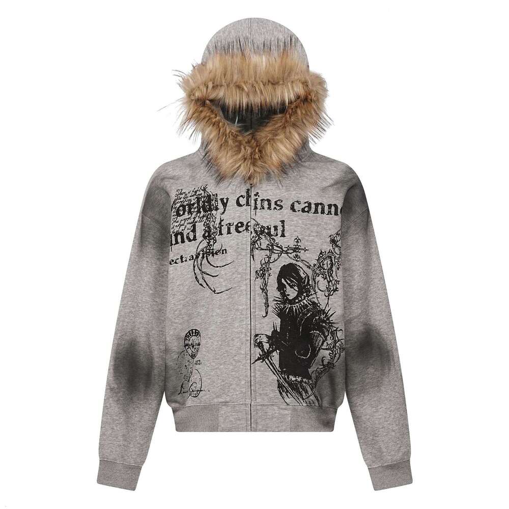 Jiayiku Men's 2025 New American Street Hairy Collar Hoodie Waste Soil Wind Stained Water Washed Cardigan Zipper Sweater