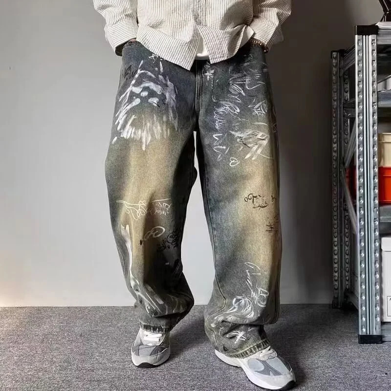 Mens Chic Baggy American Vintage Style Denim Pants Graffiti Graphic n Trousers Trend Cool High Street Wide Leg Jeans Men 250311