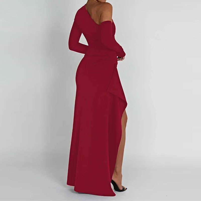 Spring New Women's Trend Solid Color Sexy Sloping Shoulder Waist Slit Fashion Dress 661 KLMY