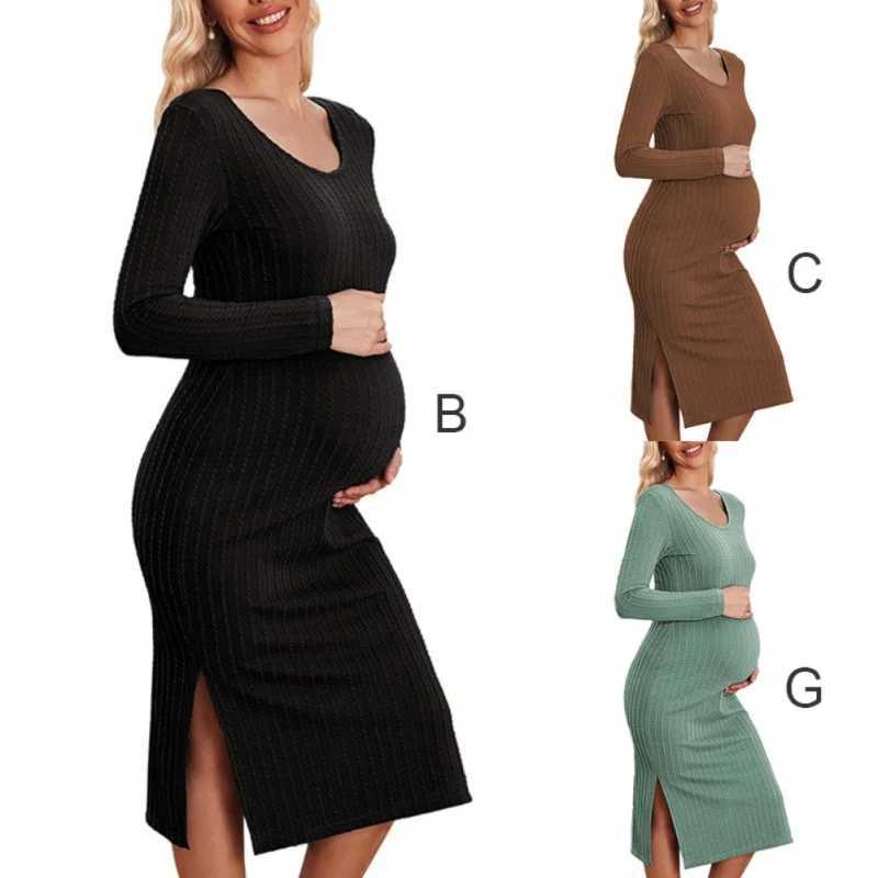 New Hot Sell Maternity Dresses Round Neck Long-sleeved Tight Solid Color Knit Ribbed Maternity Dress Spring Fall Women ClothesT250311