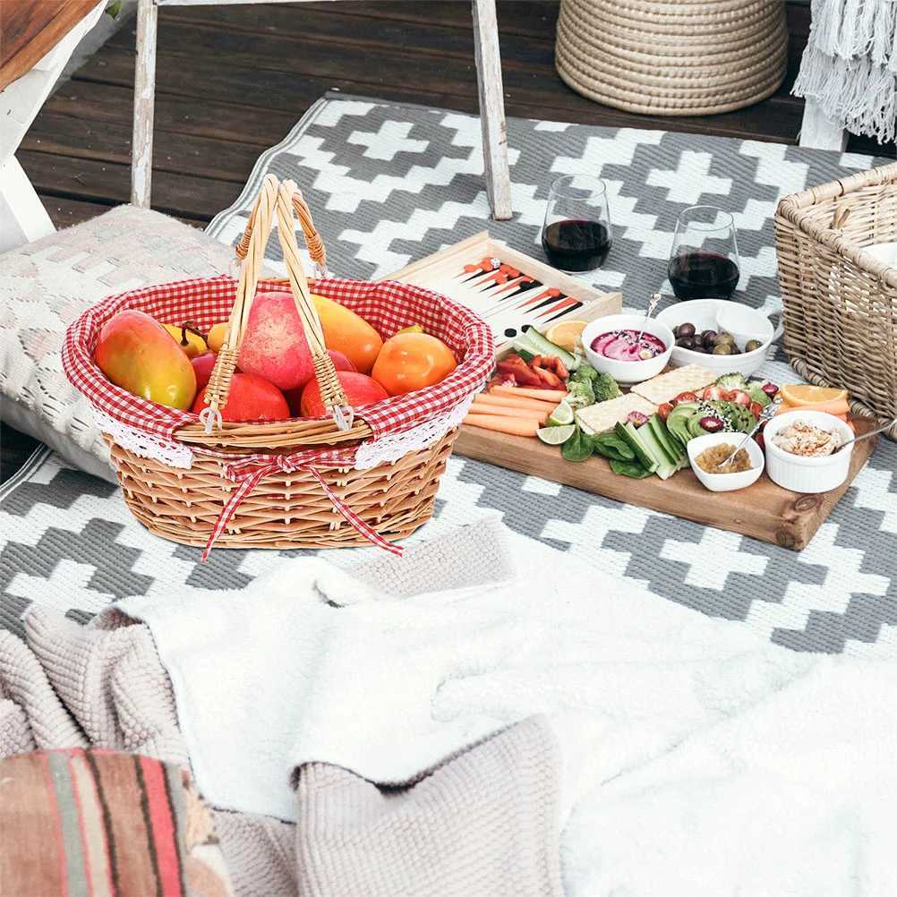 Picnic basket in red with handle large accessory basket round fruit blanket foldable table cooler for shopping X250311