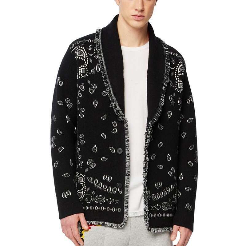 Autumn/Winter Men's Wool Blended Sweater Coat Cashew Flower Jacquard Thick Collar Long Sleeve Tassel Cardigan Trendy
