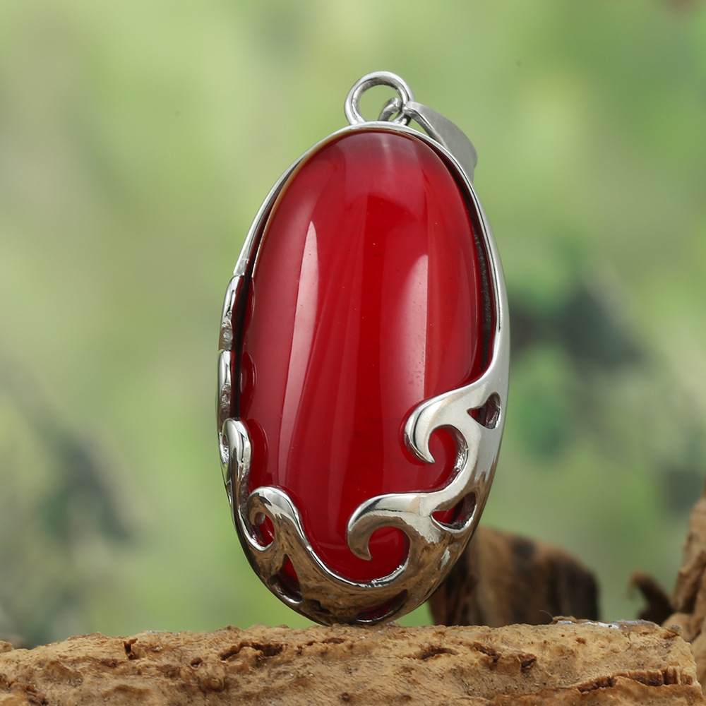 Fashion Stainless Steel Cat Eye Stone Egg Shaped Pendant Necklace Sweater Chain
