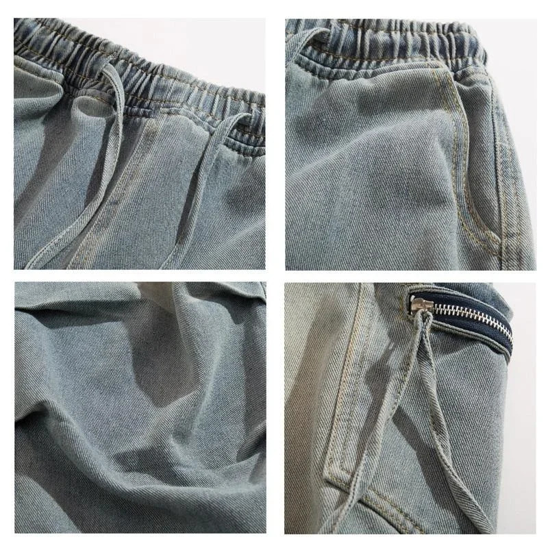 High Street Wrinkle Jeans Mens Cargo Pocket Straight Wide Leg Denim Pantalones Hombre Hip Hop Fashion Bag Y2K 250311