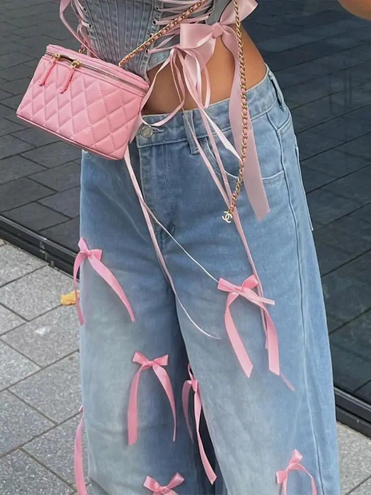 ner Bow High Rise Womens Jeans Wide Leg Denim Pants For Woman Washed with Pockets Baggy Denims Trousers 250311