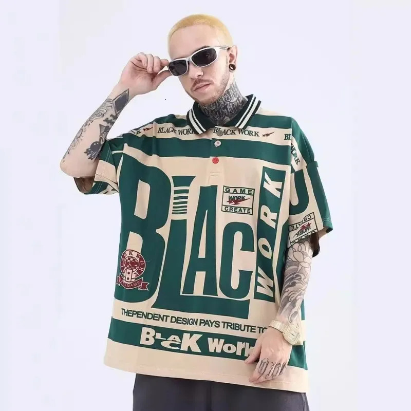 Summer American Retro Color Blocked Loose Polo Shirt Short Sleeved Mens Lapel Hip Hop High Street Tshirt Half Trendy 250311