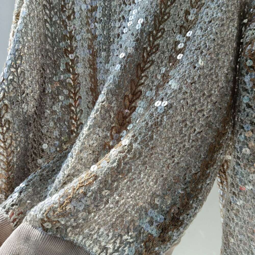 Baorong High-End BC Knitted Jacket For Autumn Women's Clothing, Lao Qian Feng Heavy Industry Fish Scale Sequin Semi High Neck Cardigan