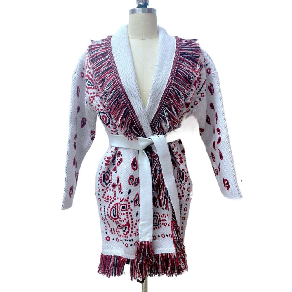 Australian Autumn And Winter Wool Jacquard Sweater Jacket, Niche Tassel Large Lapel Contrasting Mid Length Cardigan