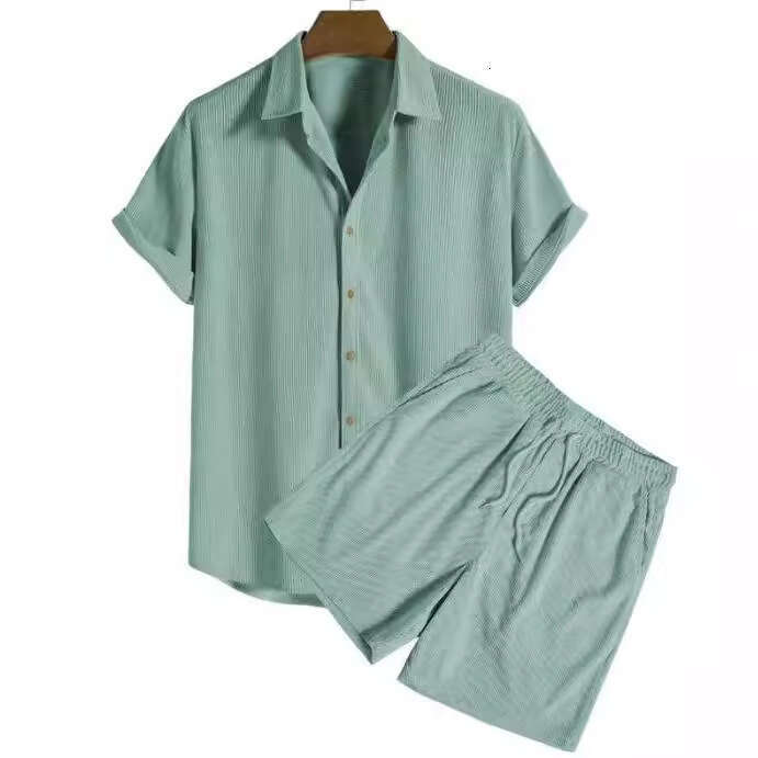 European and American men's loose multi-color beach wear corduroy short sleeved two-piece set, 2025 new casual versatile fashion clothing