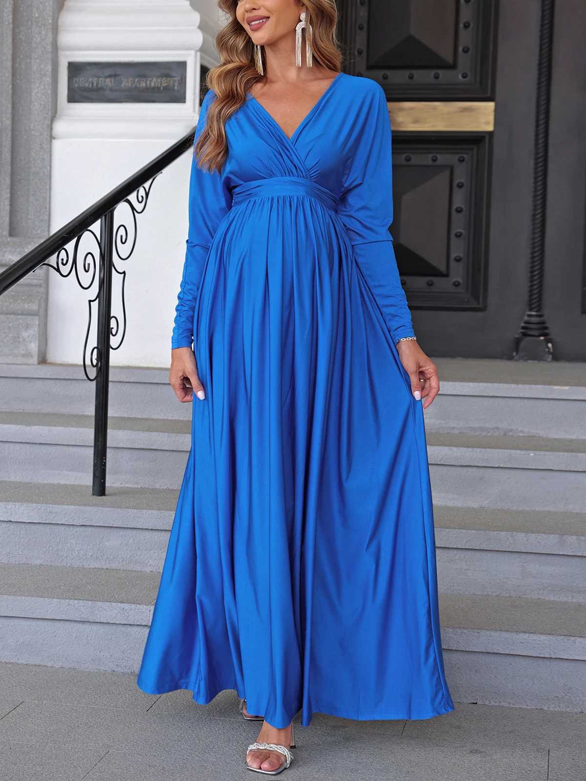 ItsRoya Solid Casual Maternity Dress Pleated Long Sleeves Pregnant Women Dresses Elastic Simple V Neck Photography Props DressT250311