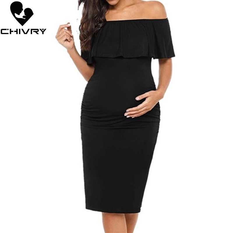 Chivry Pregnant Women Pregnancy Dress Fashion Short Sleeve Slash Neck Solid Ruffles Mom Dress Maternity Clothing Dresses X250224