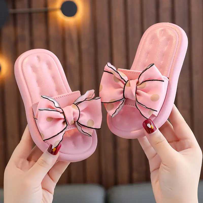 Bow Flats Open Toe Slide Sandals Non-slip Flip Flops Children Home Slippers Kids Girls Summer Cute Beach Slippers ShoeT250311