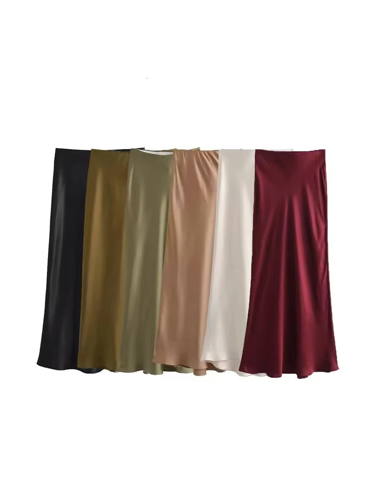 TRZAWomens Flowing Satin Midi Skirt High Waist With Elastic Waistband Female Skirts Chic Fashion 250311