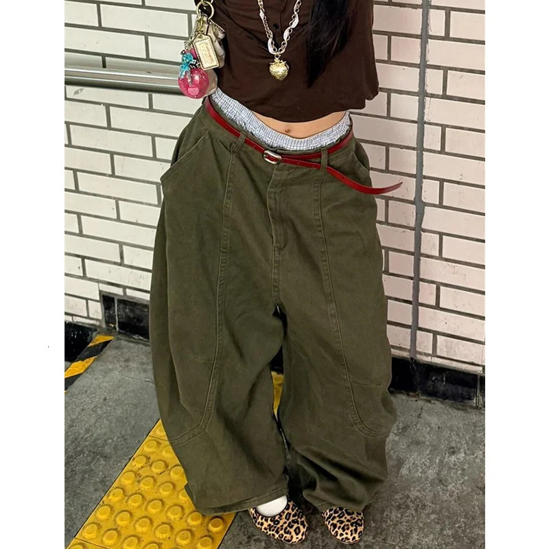 Green jeans womens retro high waisted straight Trouser loose Y2K 90 American streetwear wide leg classic 250311