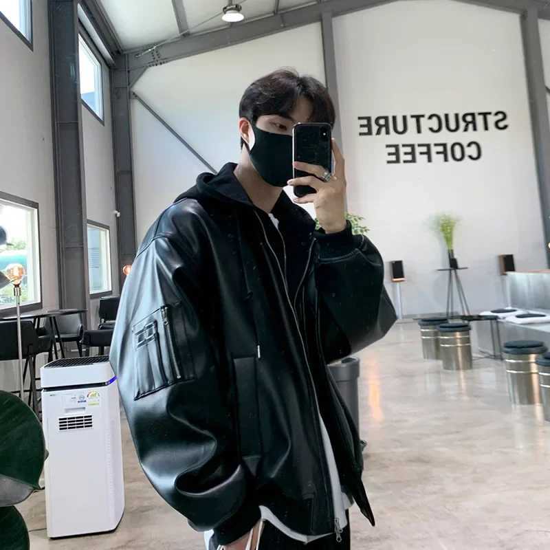 2023 Mens Casual Hooded PU Leather Jacket High Street Zipper Turn-down Collar Long Sleeve Retro Hoodie with Pocket AutumnT250311