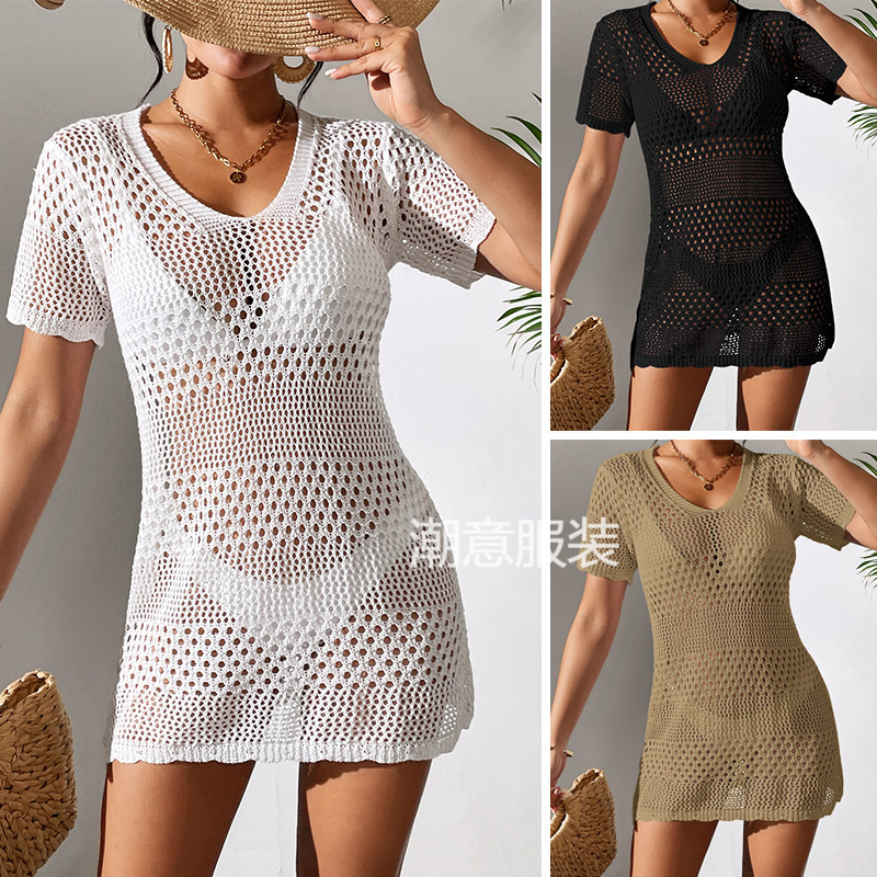New Women's Sexy Hollow Short Sleeved Casual Bikini With Swimsuit Cover, Beach Sun Protection Shirt