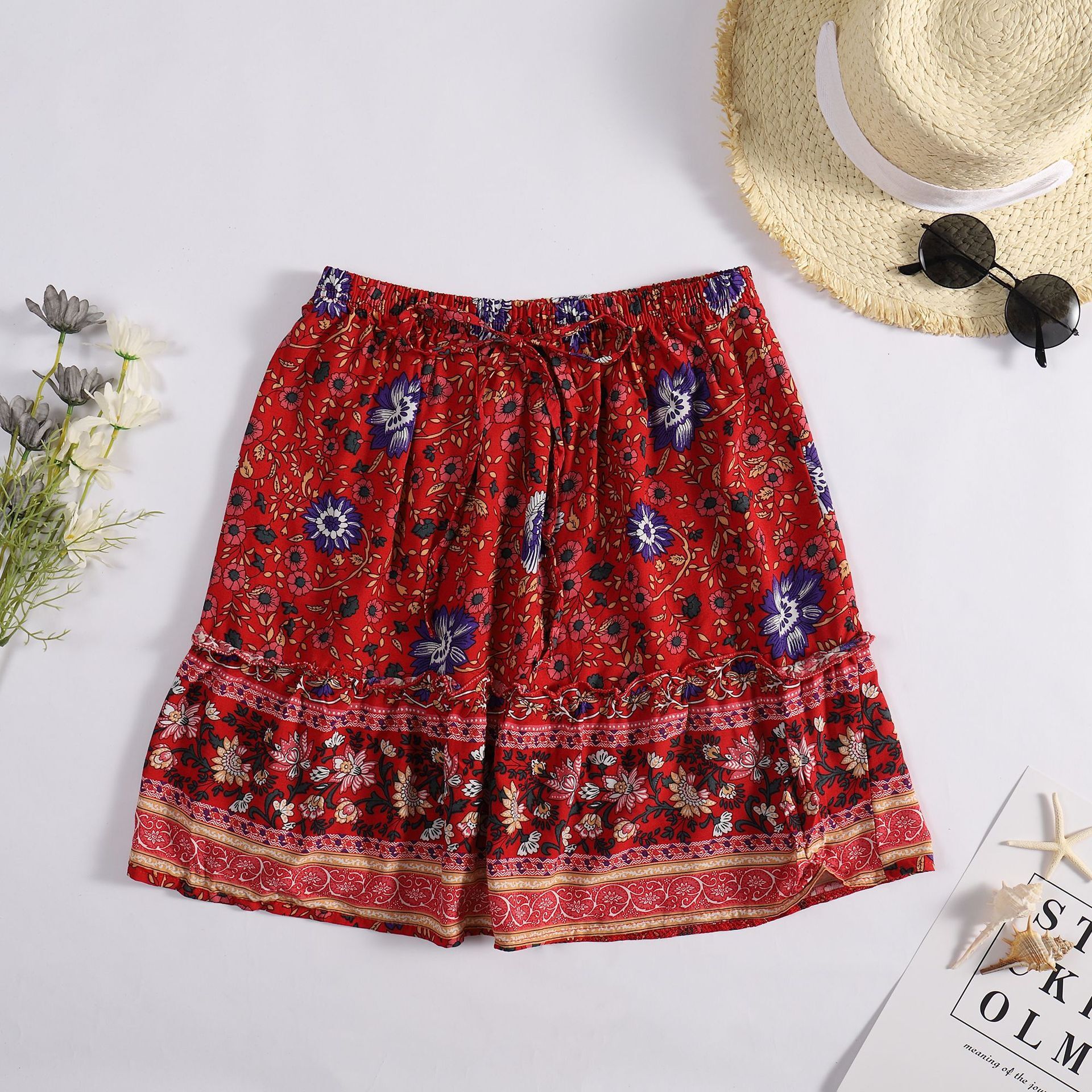 Internet Celebrity Printed Short With Elastic Waist And Small Bow, Ethnic Style Lotus Leaf Edge Beach Skirt