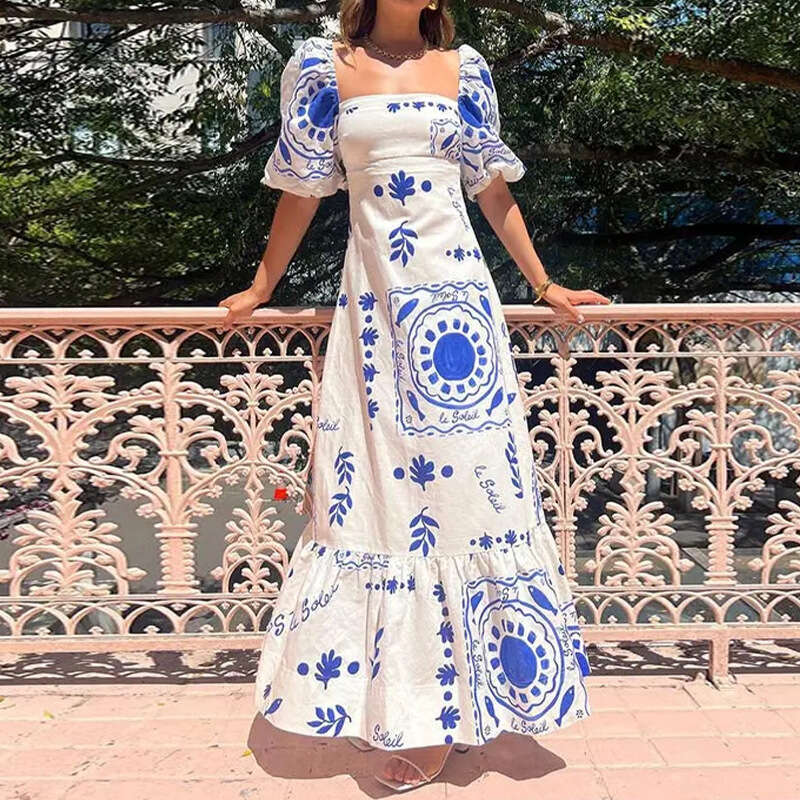 2025 Women's Elegant And Fashionable Printed Lantern Short Sleeved A-Line Large Swing Dress KLMY