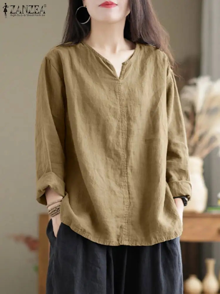 Vintage Women Cotton Blouse Spring V Neck Long Sleeve Tops ZANZEA Retro Solid Loose Shirt Female Work Tunic Blouses 250311