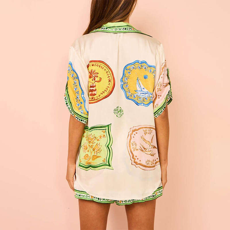 2025 Fashion Printed Button Shirt Elastic Waist Pocket Shorts Women's Two Piece Set KLMY