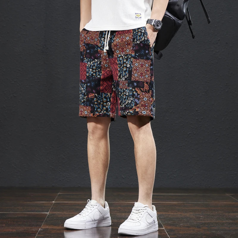 Beach pants mens summer thin ethnic style printed capris trendy loose elastic breathable s shorts 250310