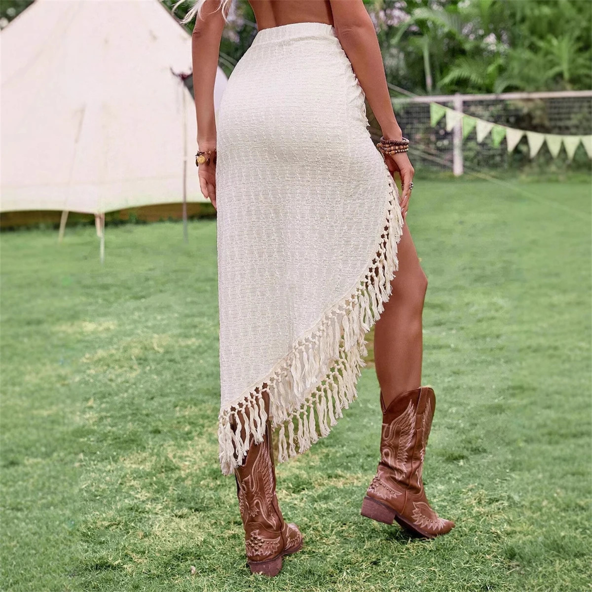Women Tassels Irregular Skirt Retro In Sexy Skirts Spring Summer Hollow Out Clothing Lady Beach Music Festive Vacation 250311