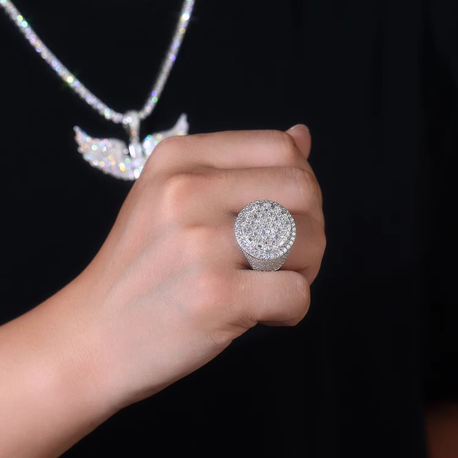 DE Hip Hop Moissanite Men Ring Iced Baguette Moissanite Men Ring Hip Hop Men 925 Silver Moissanite Rings with Certificate