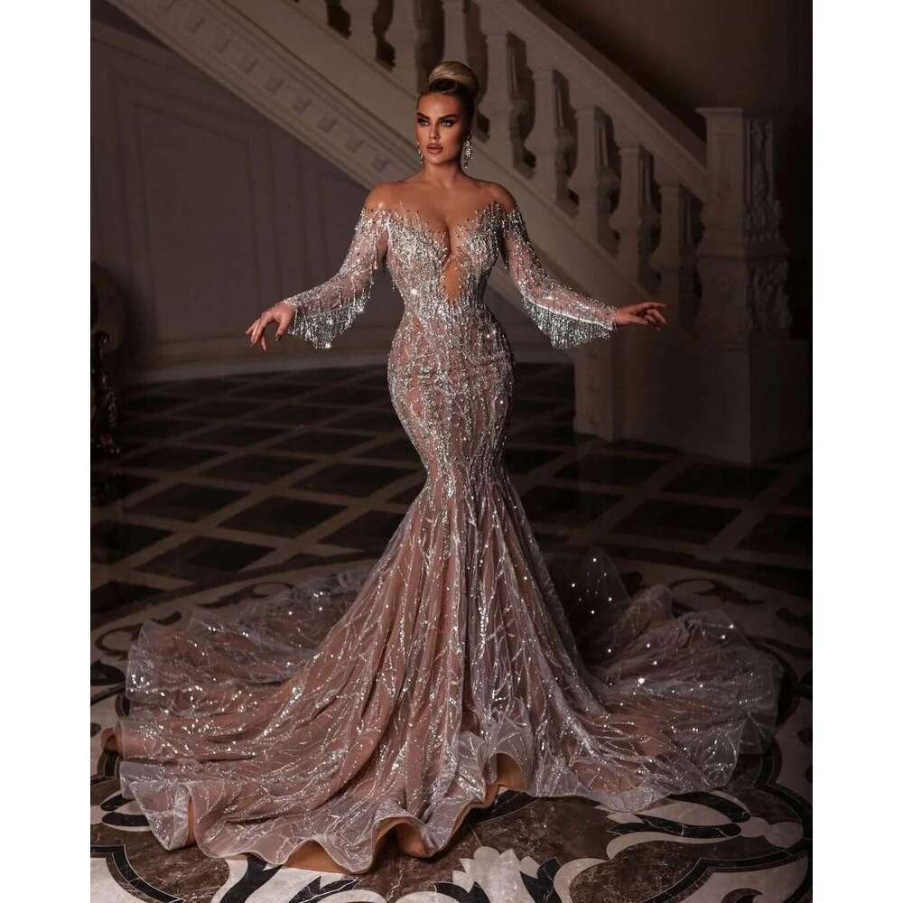 Women's Lace Dress with Sequins Full Sleeve Bright Mermaid Off Shoulder Dress Custom Formal Party and Dance Dresses evening