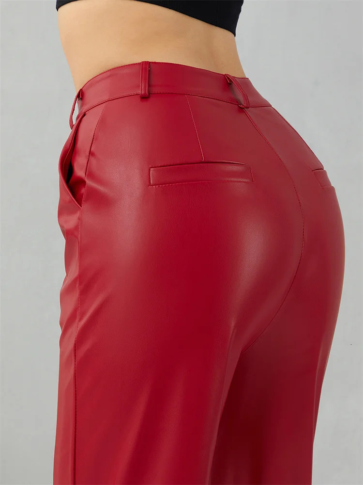 Womens PU Leather Long Pants Solid Color High Waist Wide Leg Straight Pants Summer Autumn Vintage Elegant Loose Trousers Fashion 250305