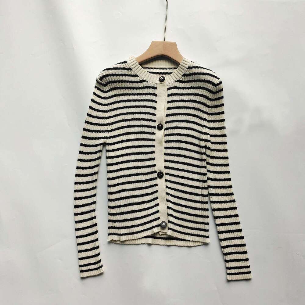 CD Home Summer New High End Wear Pure Cotton Knitted Shirt Women's Letter Button Temperament Slimming Striped Cardigan Coat