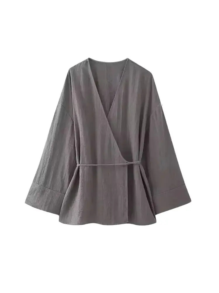 TRZAWomens Textured Crossover Kimono Blouses Side Ties Long Sleeves Loose Female Shirts Chic Tops Fashion 250311