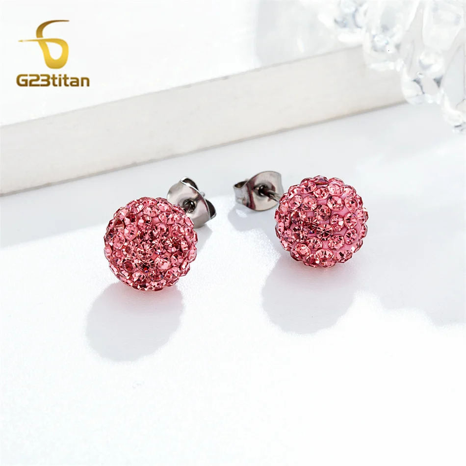 Rose Pink Crystal Clay Bead Earrings Shambhala Micro Pave Ball Hypoallergenic Ear Piercing Women Jewelry 250213