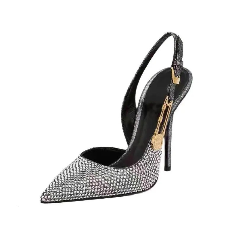 Bling Diamond High Heels Women Spring Pumps Pointy Head After Empty Sexy Metal Girl Temperament Baotou French Sandals 250310